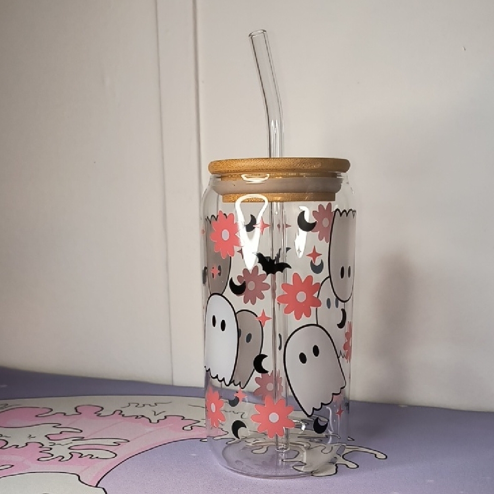 Ghost and Flower Glass Tumbler with Straw
